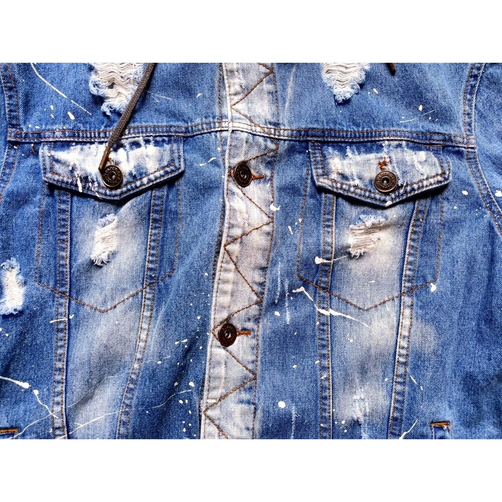 Rolling Paper Denim Jacket Men's Size XL Paint Splatter Front Pockets Hooded - Picture 3 of 10